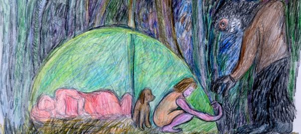 Campingmonster belaagt vrouw die de rits van de tent sluit